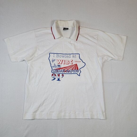 VTG 1991 Bowling Collared T-Shirt Sz L Screen Stars WIBC Nationals Cedar Rapids - Picture 1 of 6